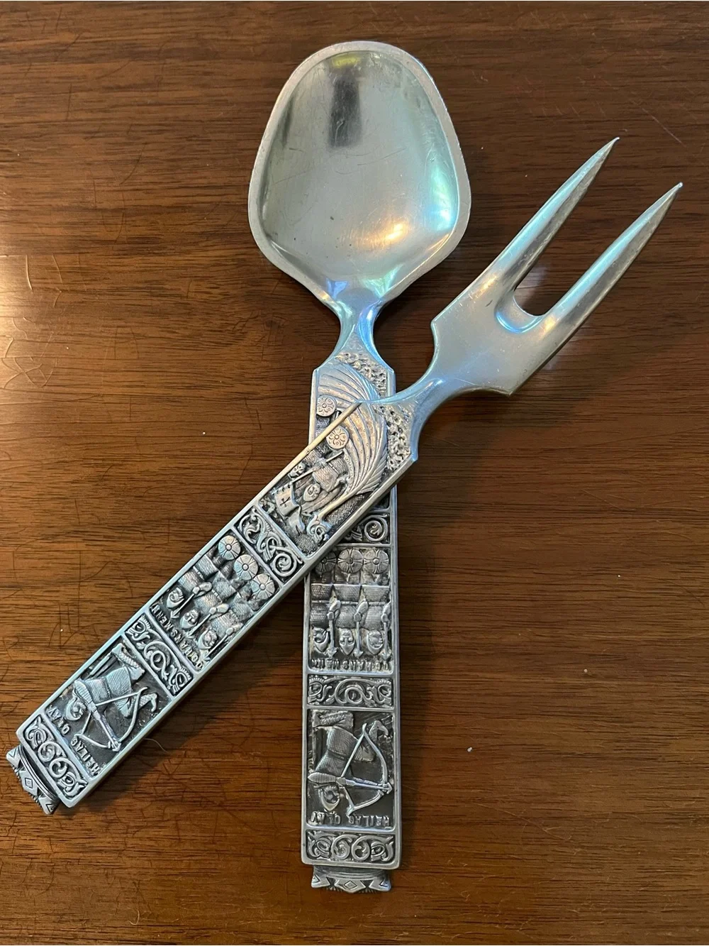 VINTAGE KONGE-TINN NORWEGIAN PEWTER Salad Serving FORK & SPOON VIKING MCM nun